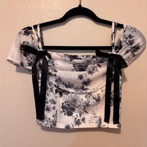 Chic Off-Shoulder Floral Crop Top with Black Ties